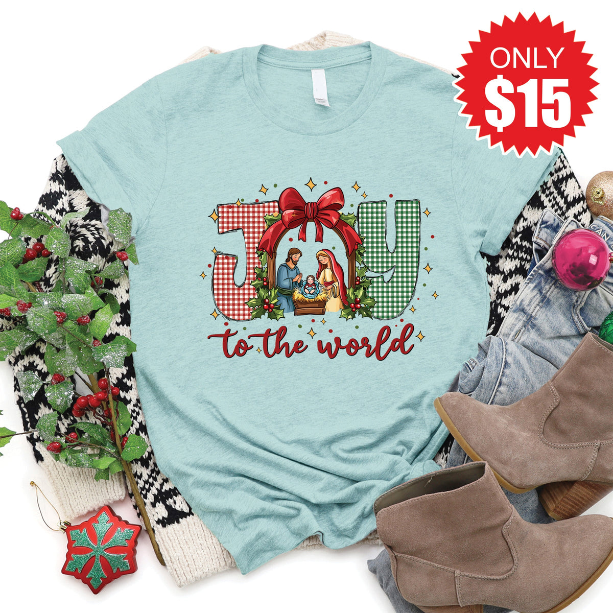 Joy To The World Tee - Heather Dusty Blue - 15 product image 1