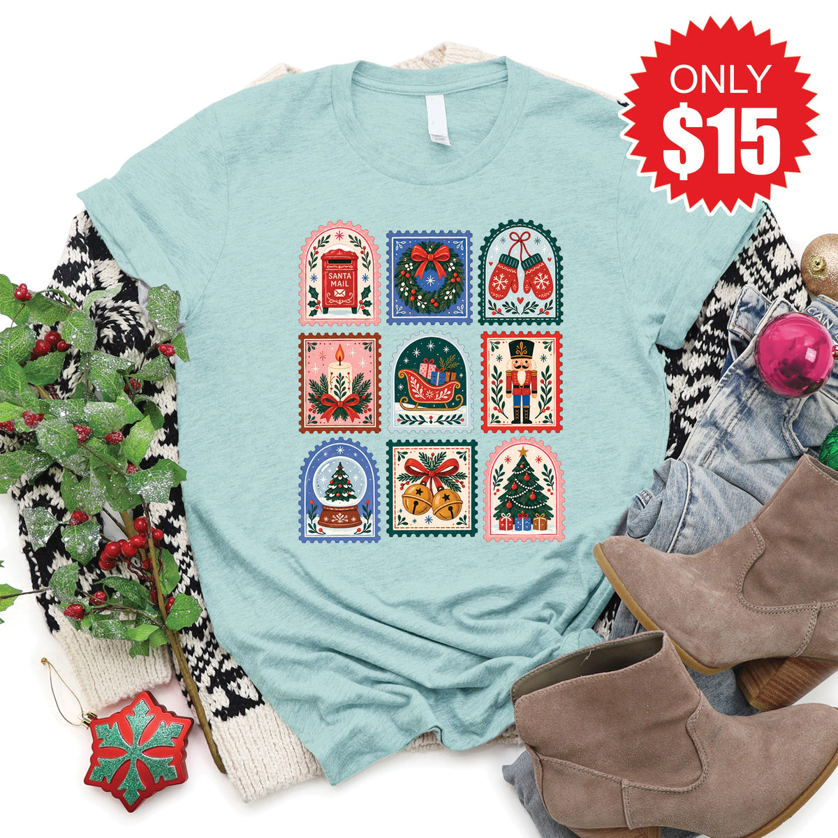 Christmas Stamps Tee - Heather Dusty Blue - 15 product image 1