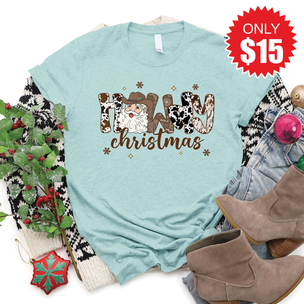 Howdy Christmas Tee - Heather Dusty Blue - 15 product image 1