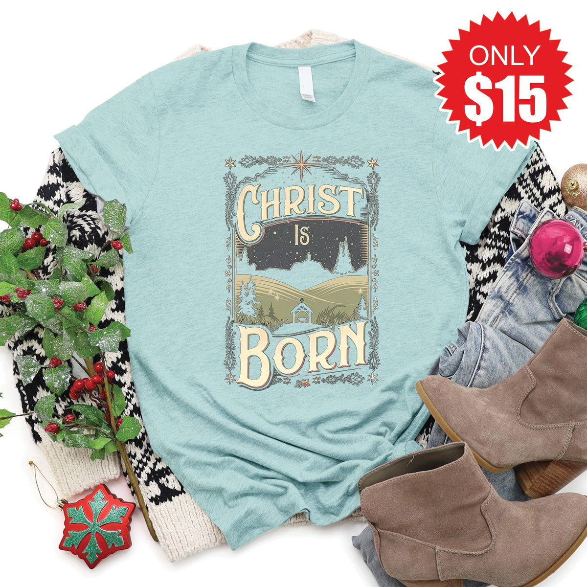 Christ Is Born Tee - Heather Dusty Blue - 15 product image 1