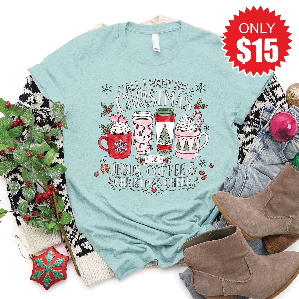 All I Want for Christmas Tee - Heather Dusty Blue - 15 product image 1