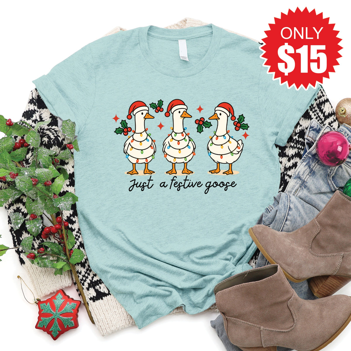 Festive Goose Tee - Heather Dusty Blue - 15 product image 1