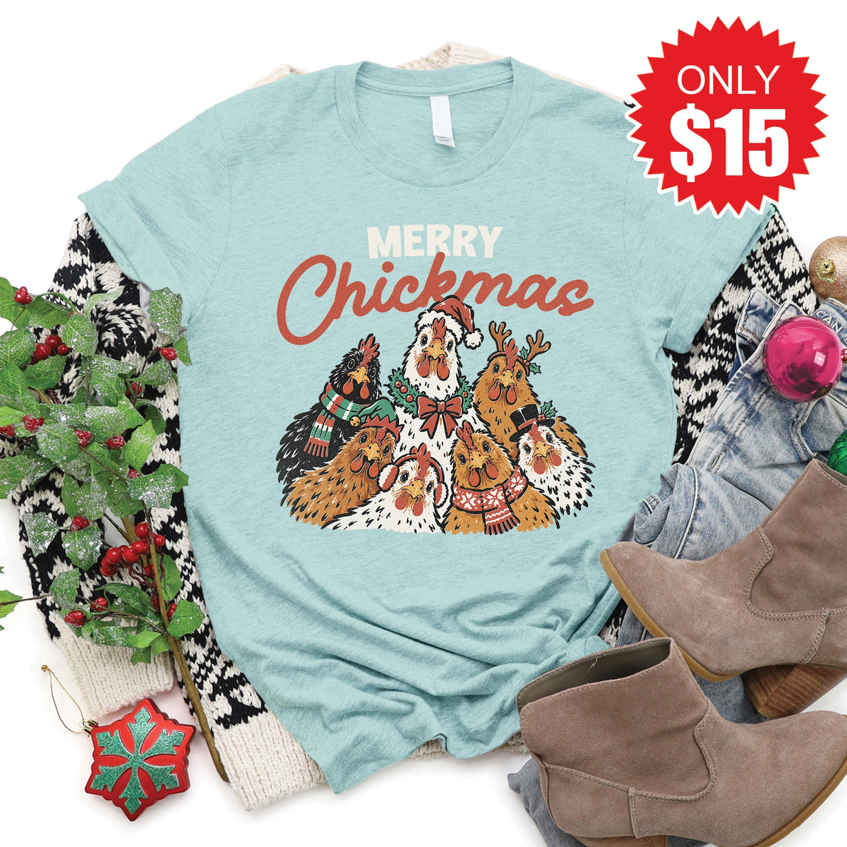 Merry Chickmas Tee - Heather Dusty Blue - 15 product image 1