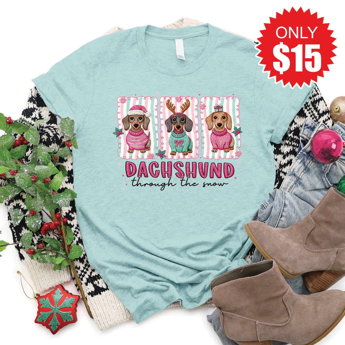Dachshund Through The Snow Tee - Heather Dusty Blue - 15 product image 1
