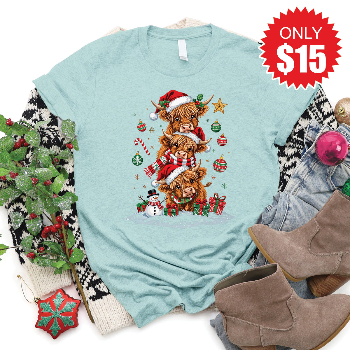 Christmas Cows Tee - Heather Dusty Blue - 15 product image 1