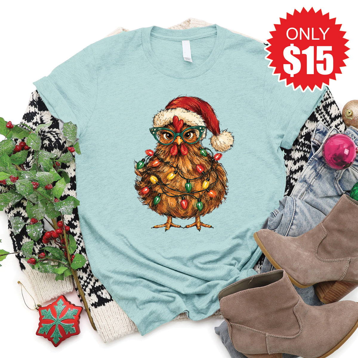 Christmas Chicken Tee - Heather Dusty Blue - 15 product image 1