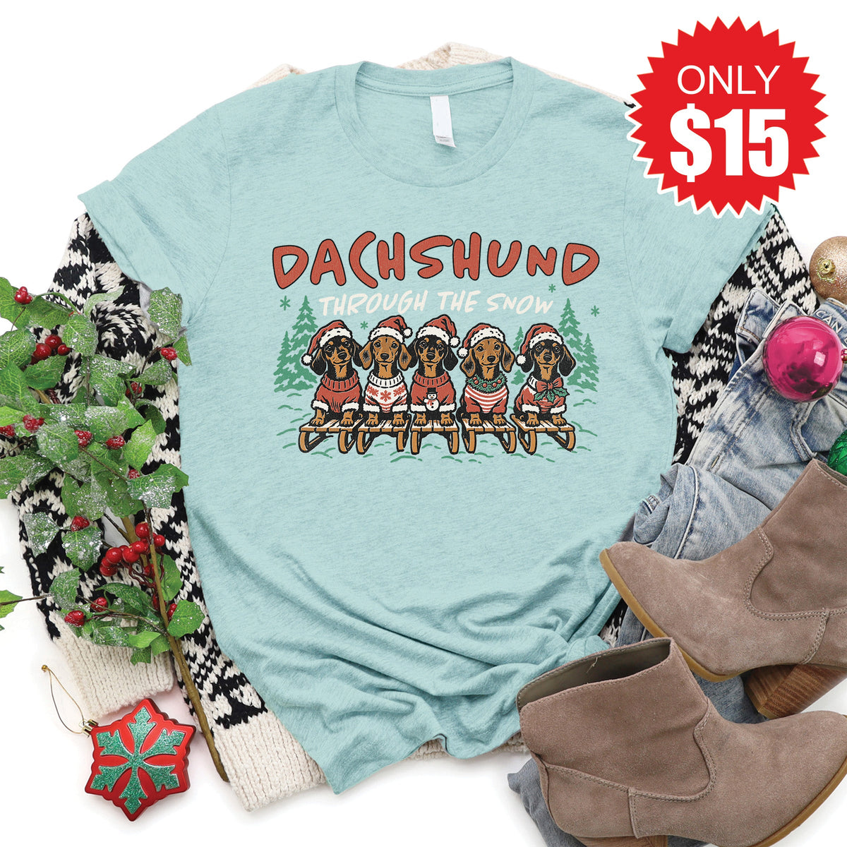 Dachshund Through The Snow Tee - Heather Dusty Blue - 15 product image 1