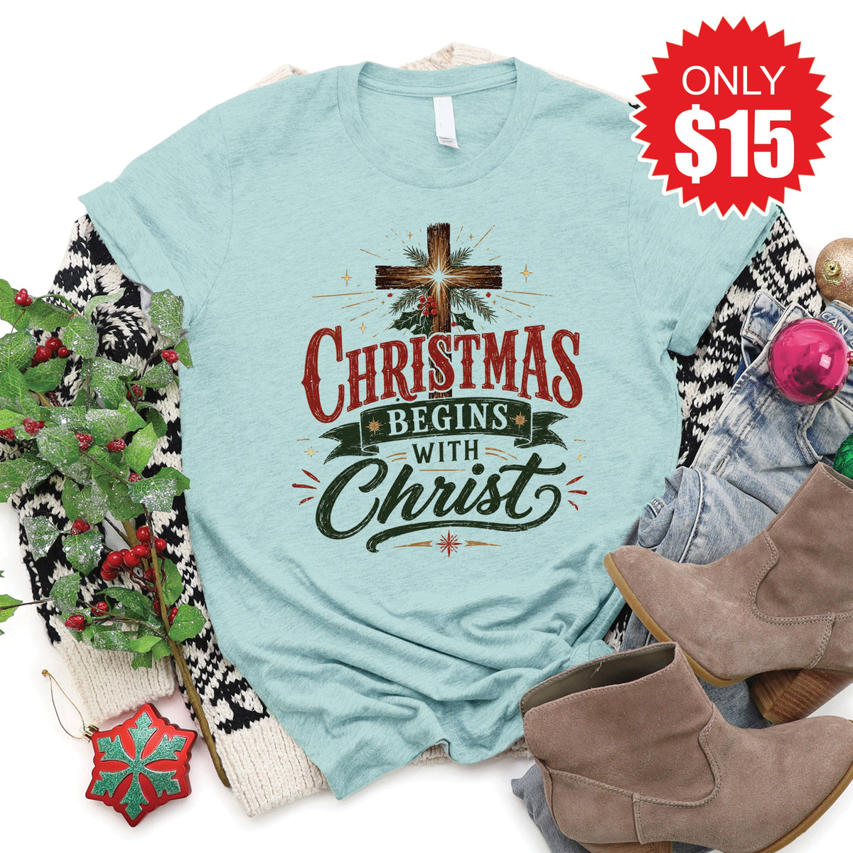 Christmas Begins With Christ Tee - Heather Dusty Blue - 15 product image 1