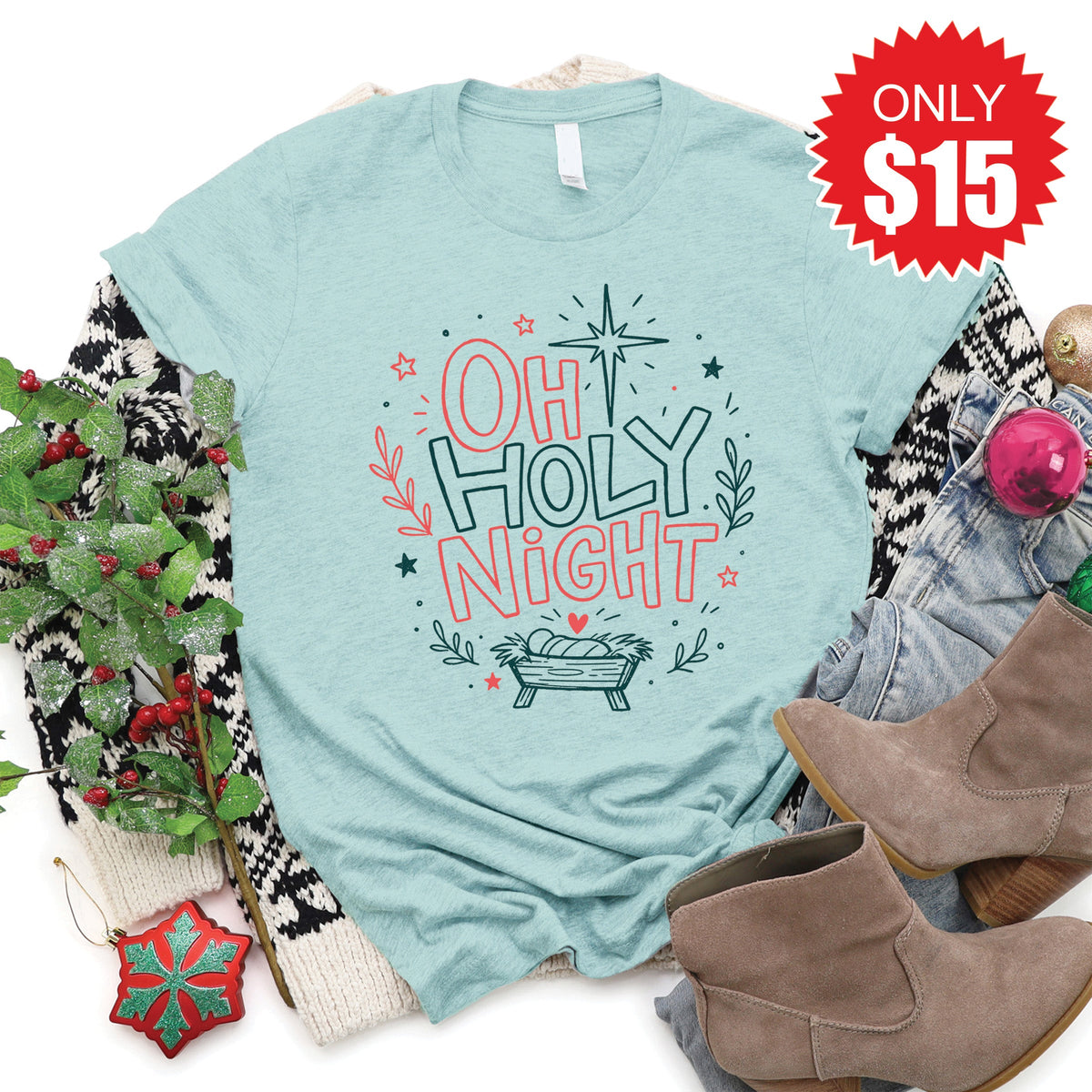 Oh Holy Night Tee - Heather Dusty Blue - 15 product image 1