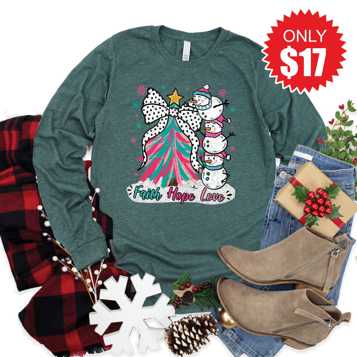 Faith Hope Love Snowman Long Sleeve - Heather Forest - 17 product image 1