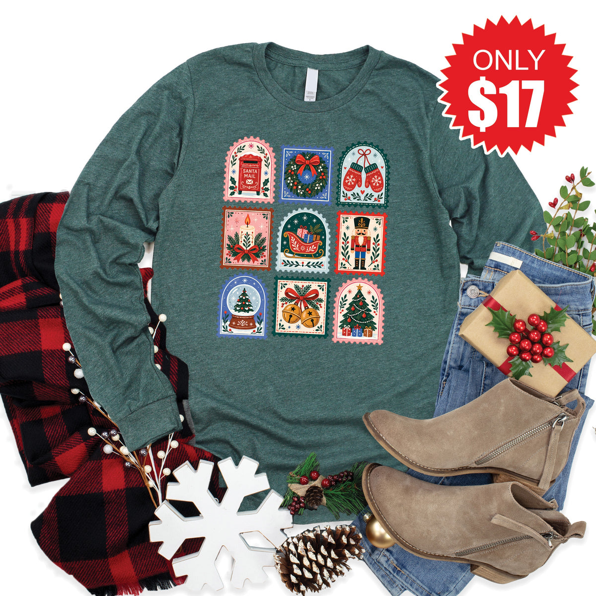 Christmas Stamps Long Sleeve - Heather Forest - 17 product image 1