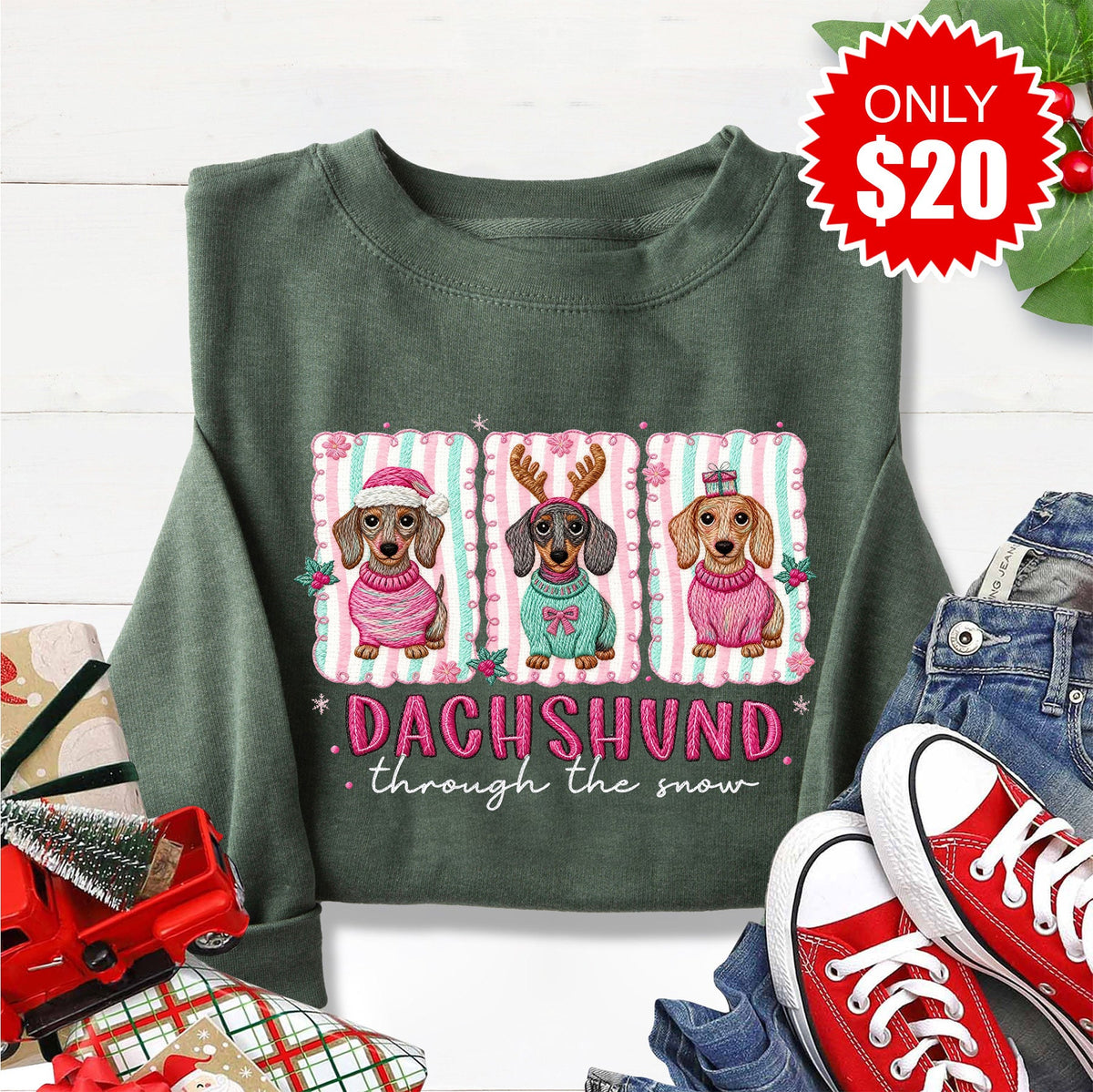 Dachshund Through The Snow Sweatshirt - Heather Forest - 20 product image 1