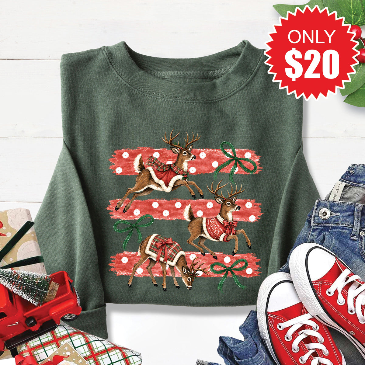 Reindeers Sweatshirt - Heather Forest - 20 product image 1