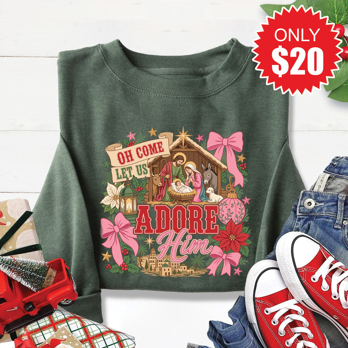 Oh Come Let Us Adore Him Sweatshirt - Heather Forest - 20 product image 1