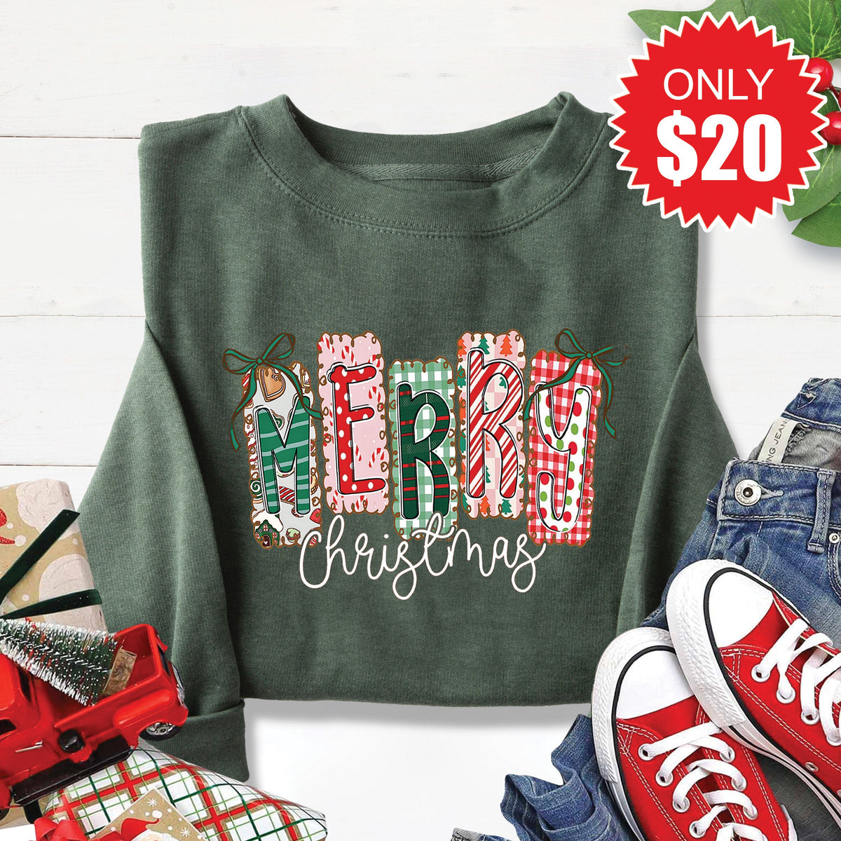 Merry Christmas Sweatshirt - Heather Forest - 20 product image 1