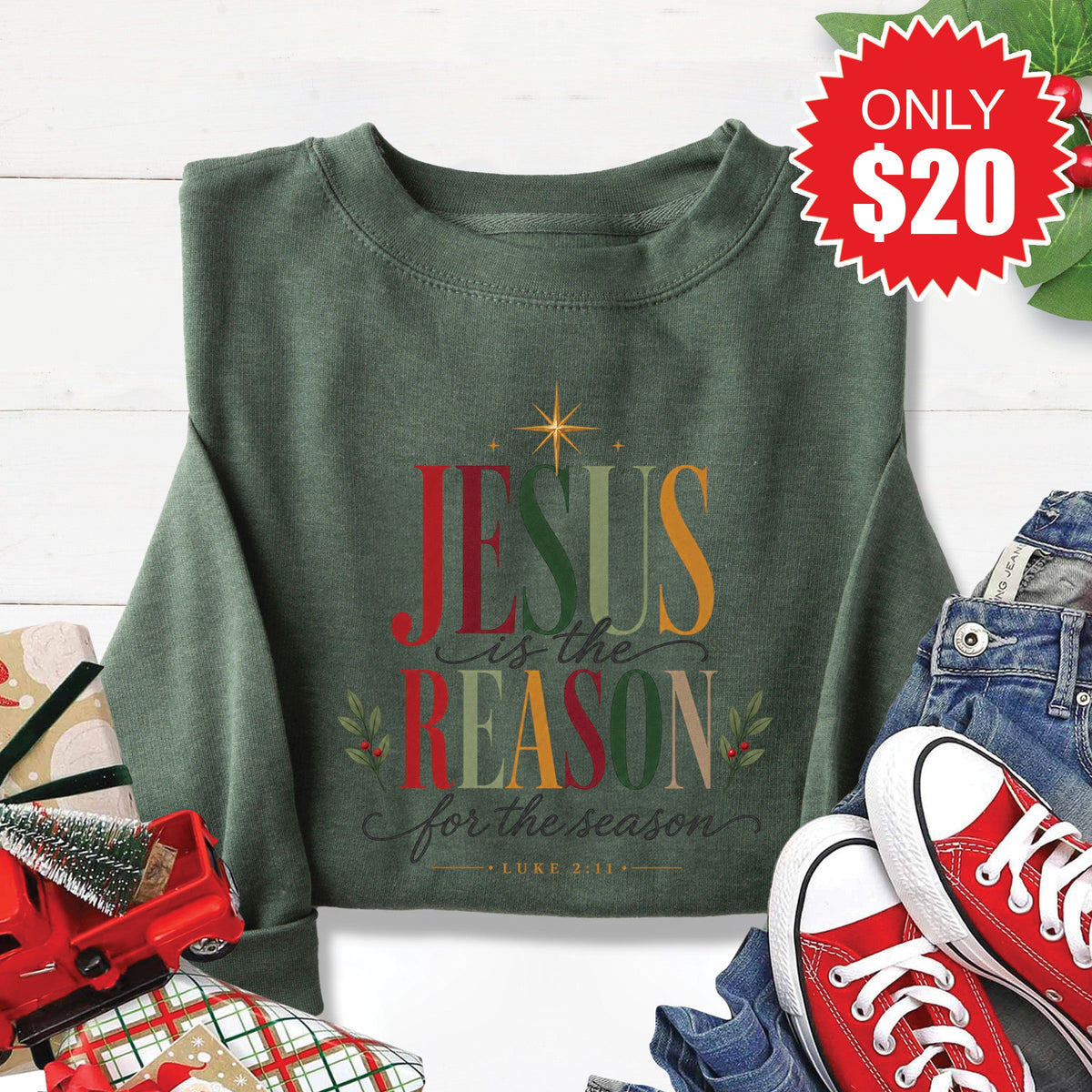 Jesus Is The Reason Sweatshirt - Heather Forest - 20 product image 1