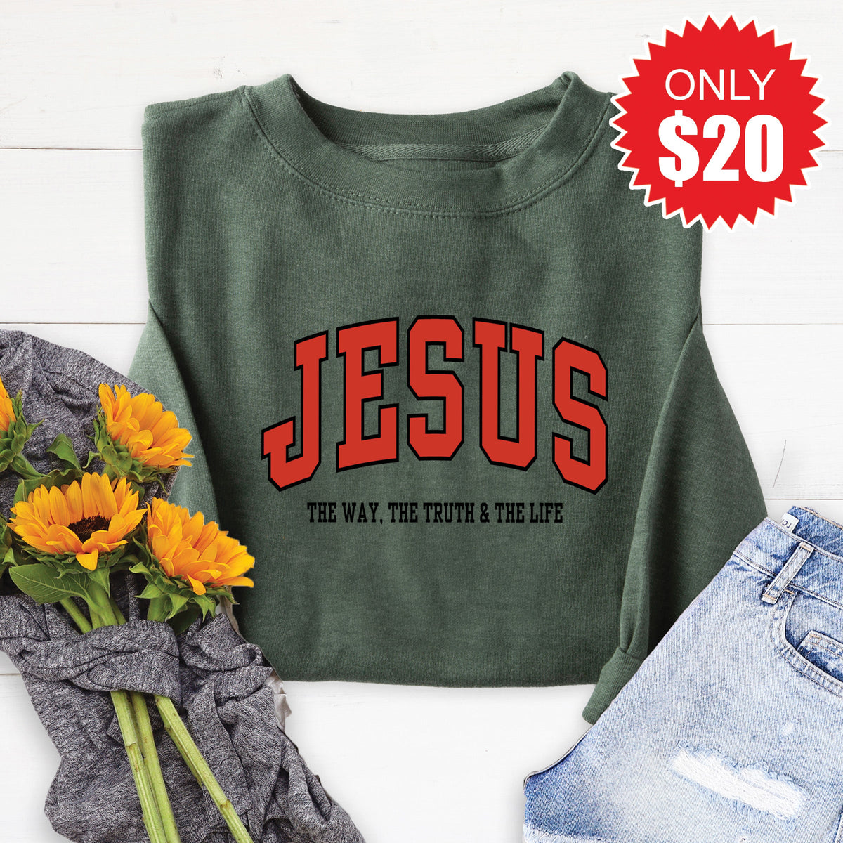 Jesus Varsity Sweatshirt - Heather Forest - 20 product image 1
