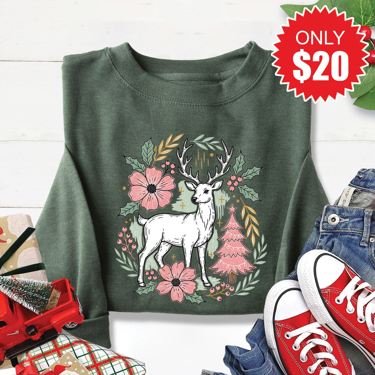 Reindeer Sweatshirt - Heather Forest - 20 product image 1