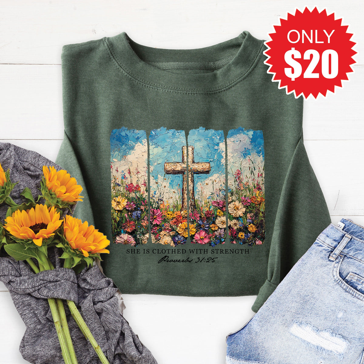 She Is Clothed With Strength Sweatshirt - Heather Forest product image 1