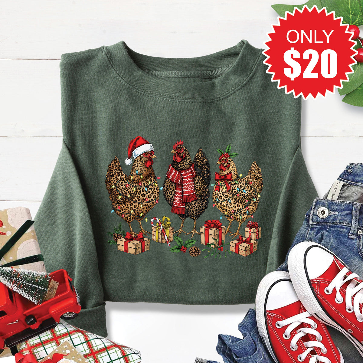 Christmas Chickens Sweatshirt - Heather Forest - 20 product image 1