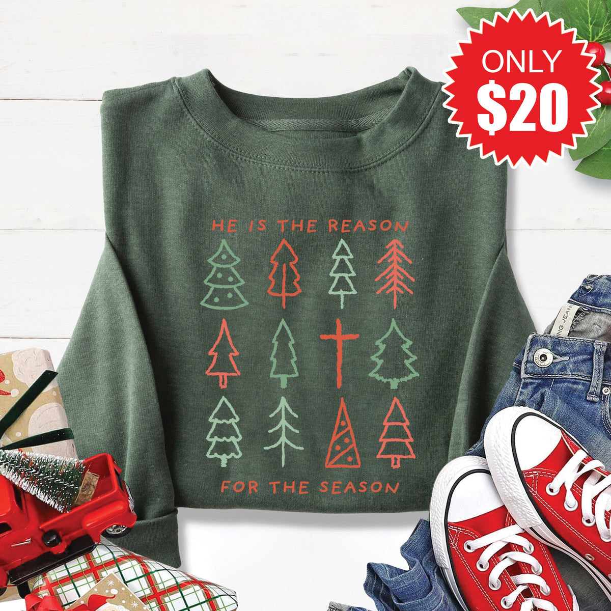 He Is The Reason Sweatshirt - Heather Forest - 20 product image 1
