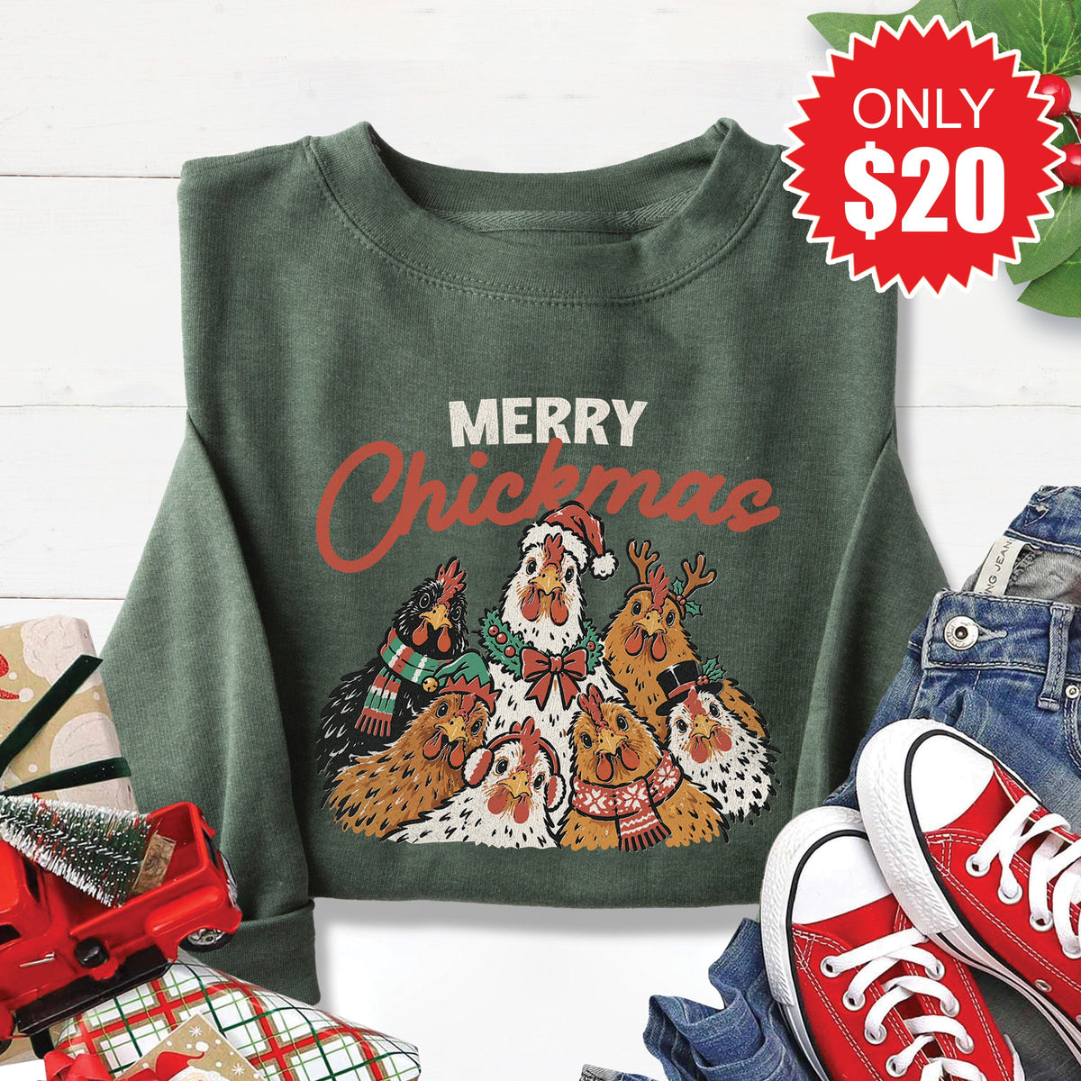 Merry Chickmas Sweatshirt - Heather Forest - 20 product image 1