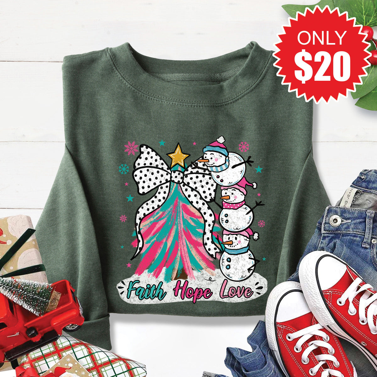 Faith Hope Love Snowman Sweatshirt - Heather Forest - 20 product image 1