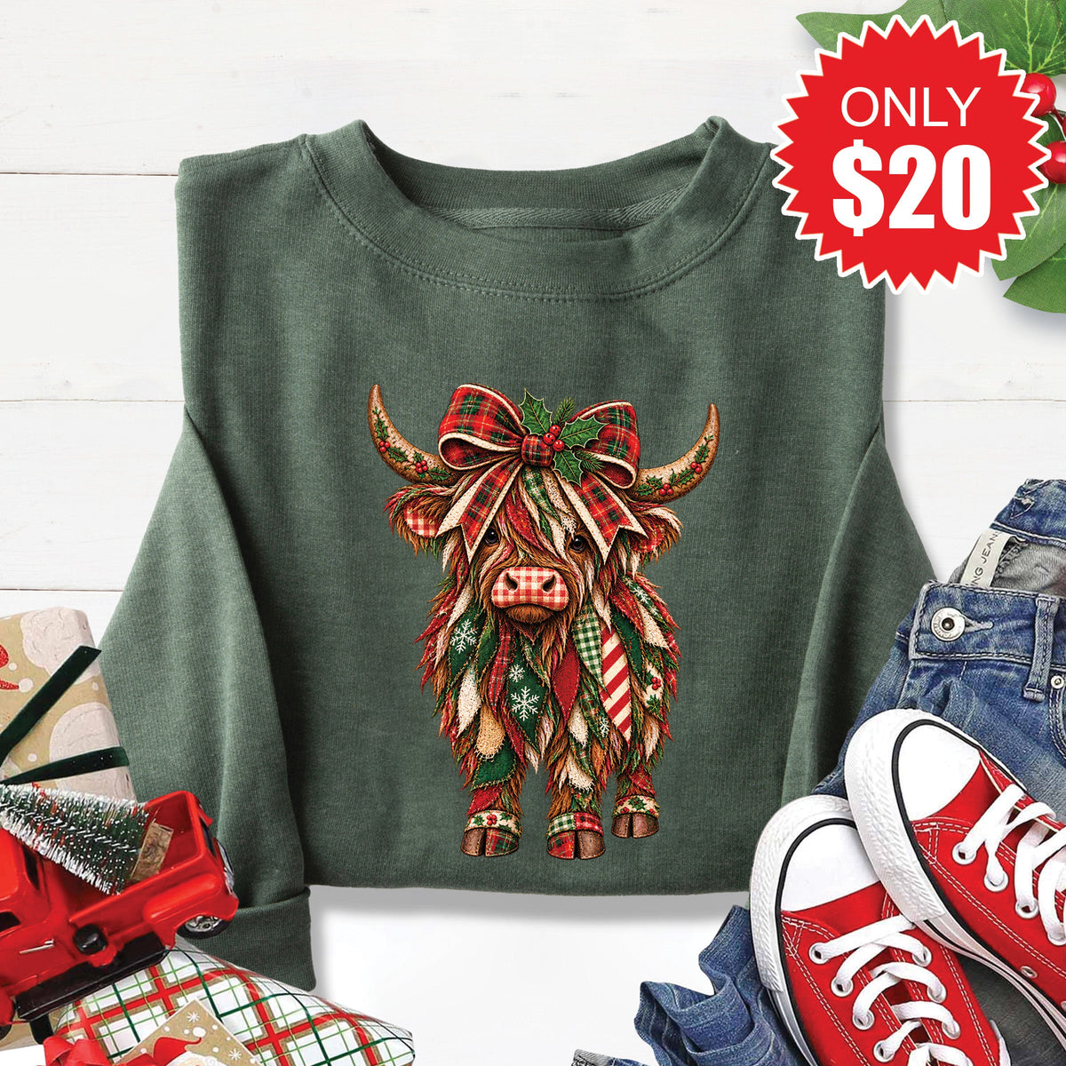 Christmas Cow Sweatshirt - Heather Forest - 20 product image 1
