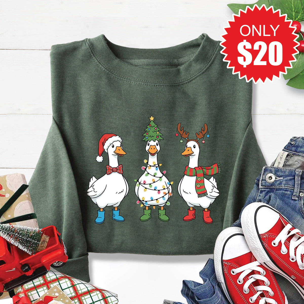 Christmas Ducks Sweatshirt - Heather Forest - 20 product image 1