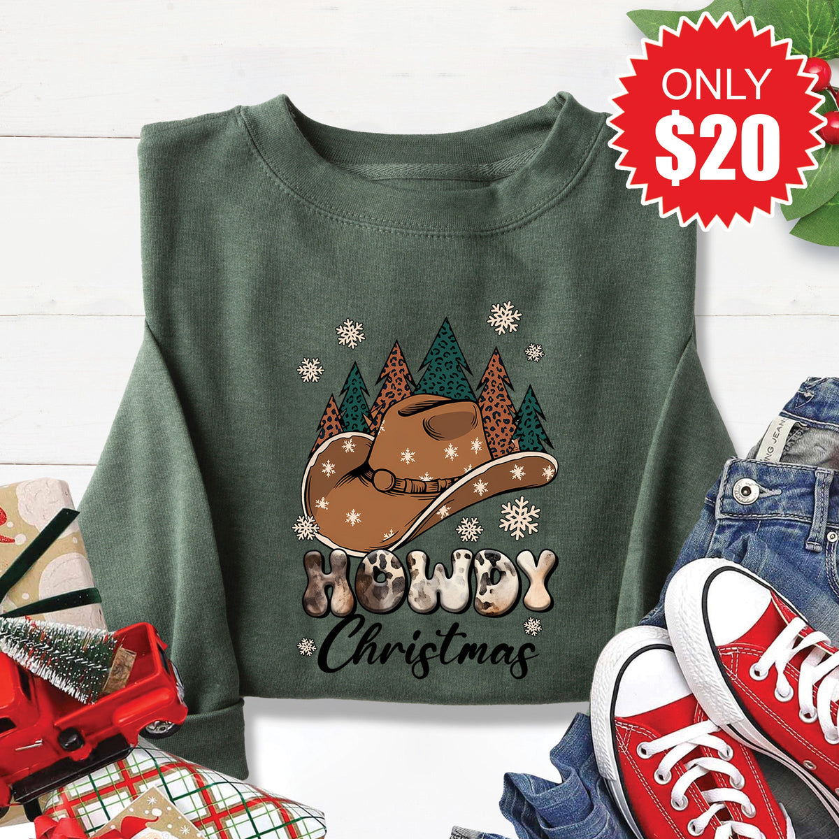 Howdy Christmas Sweatshirt - Heather Forest - 20 product image 1