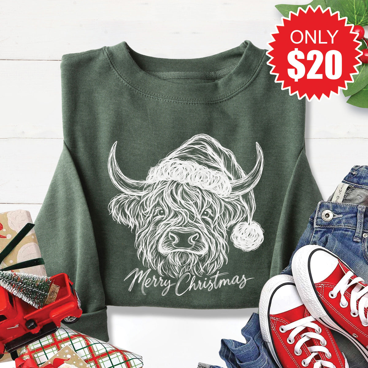 Highland Cow Sweatshirt - Heather Forest - 20 product image 1