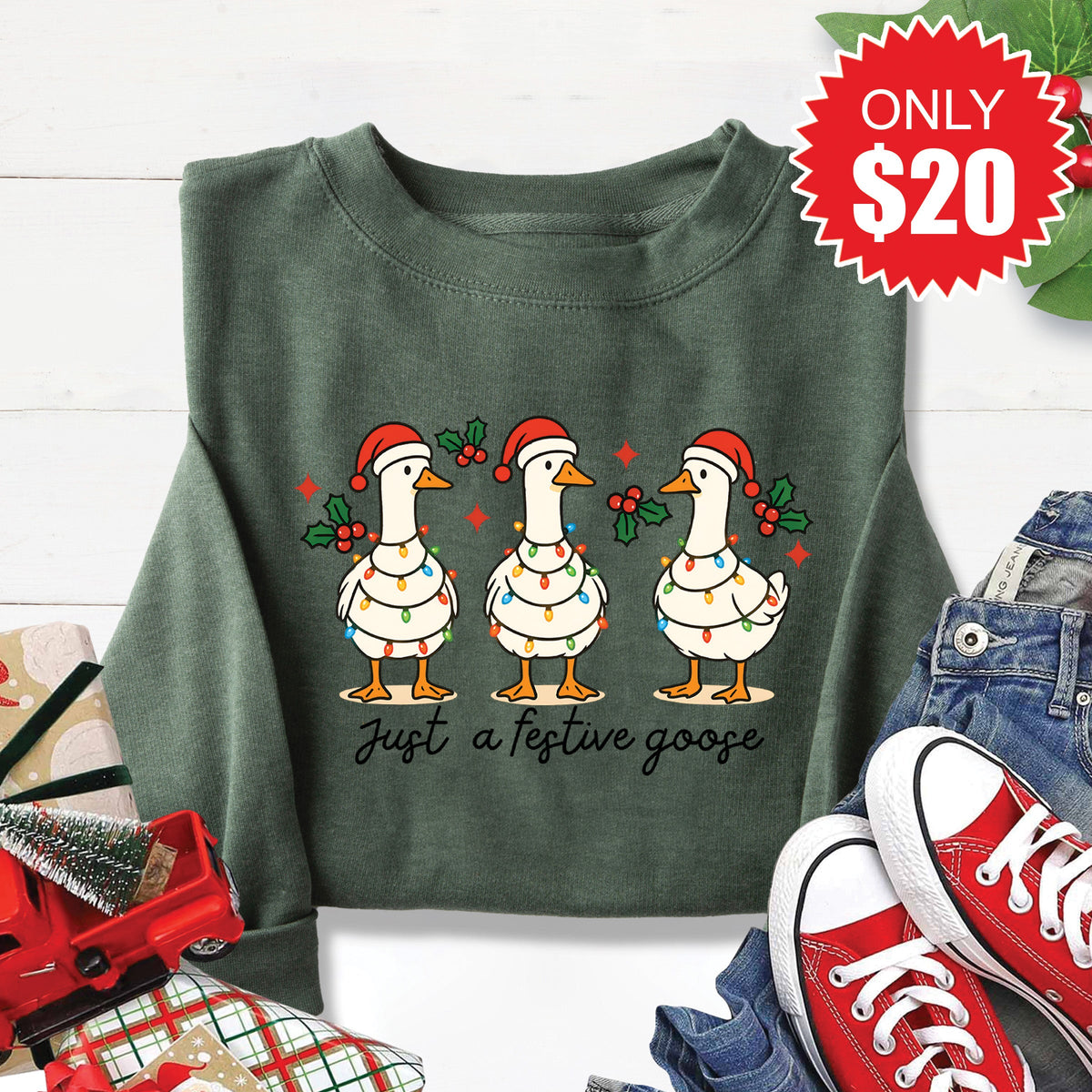 Festive Goose Sweatshirt - Heather Forest - 20 product image 1