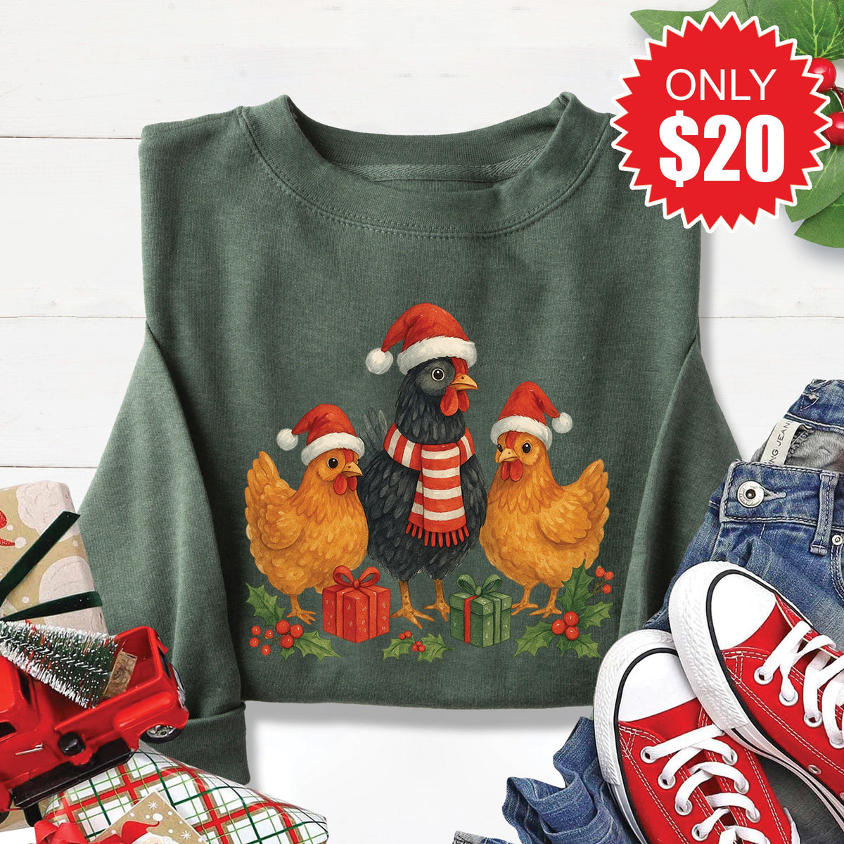 Christmas Chickens Sweatshirt - Heather Forest - 20 product image 1