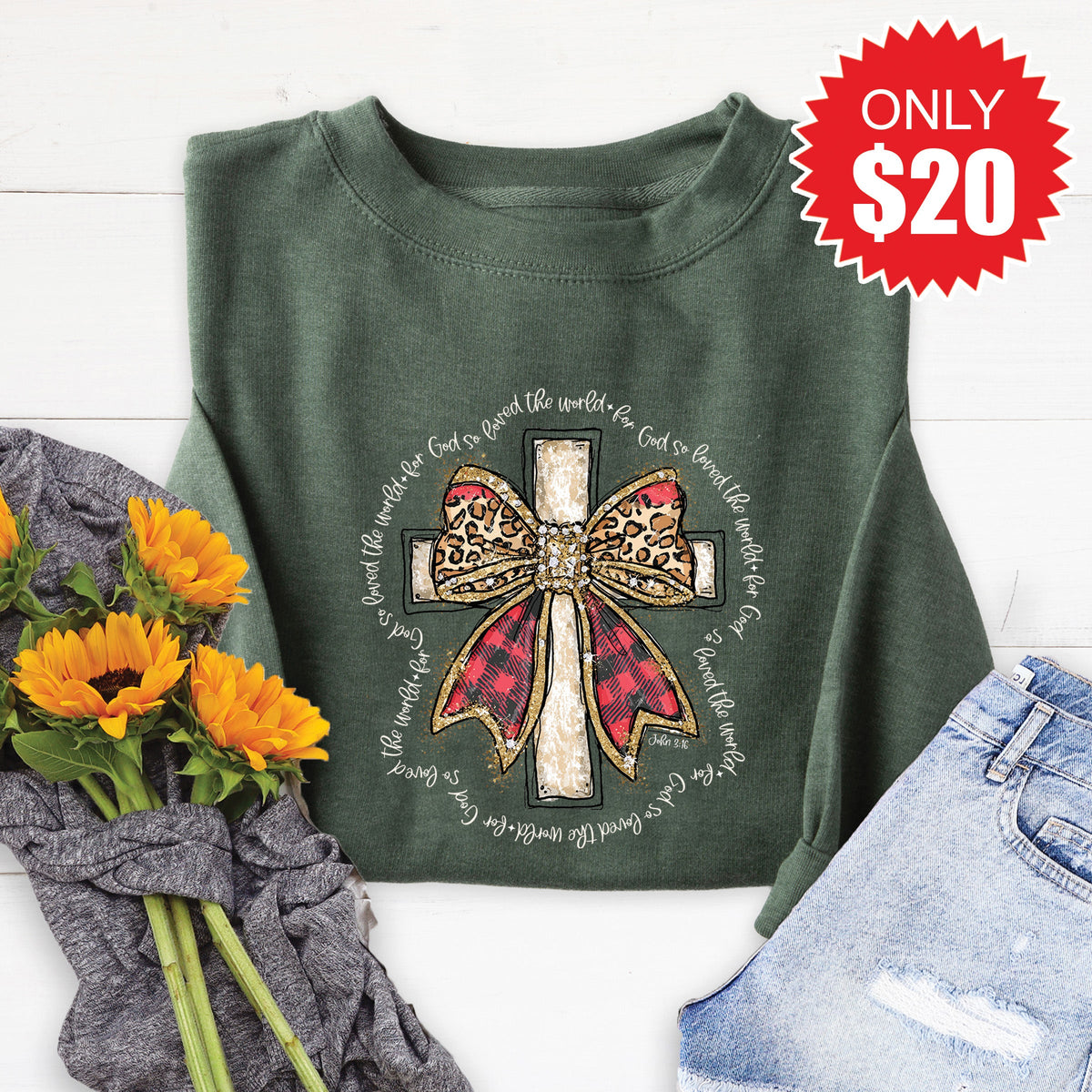 John 3:16 Cross Sweatshirt - Heather Forest - 20 product image 1