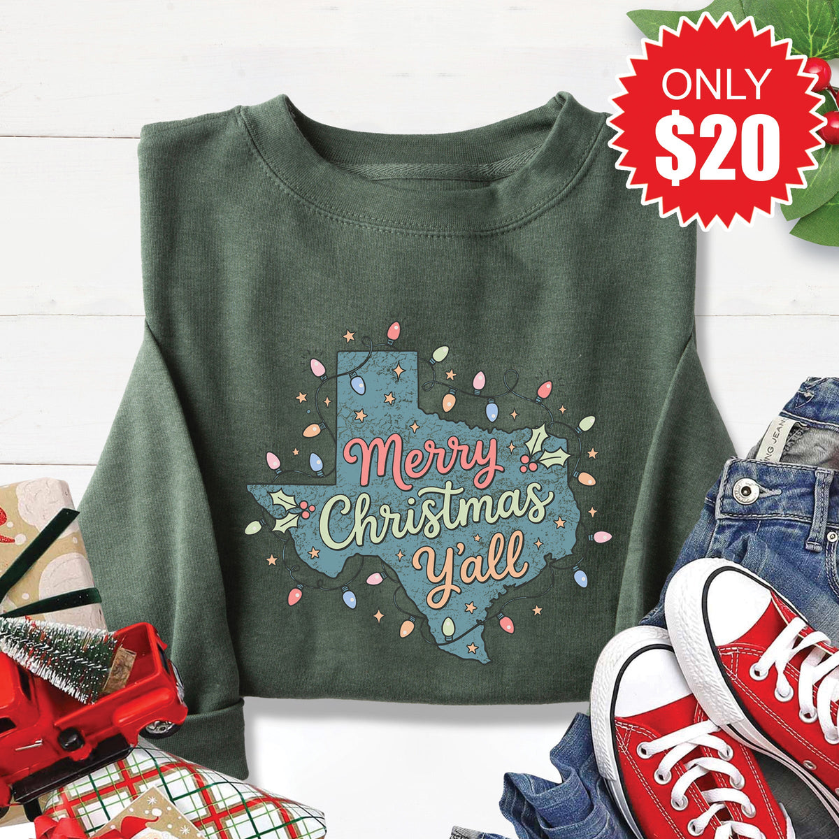 Texas Christmas Sweatshirt - Heather Forest - 20 product image 1