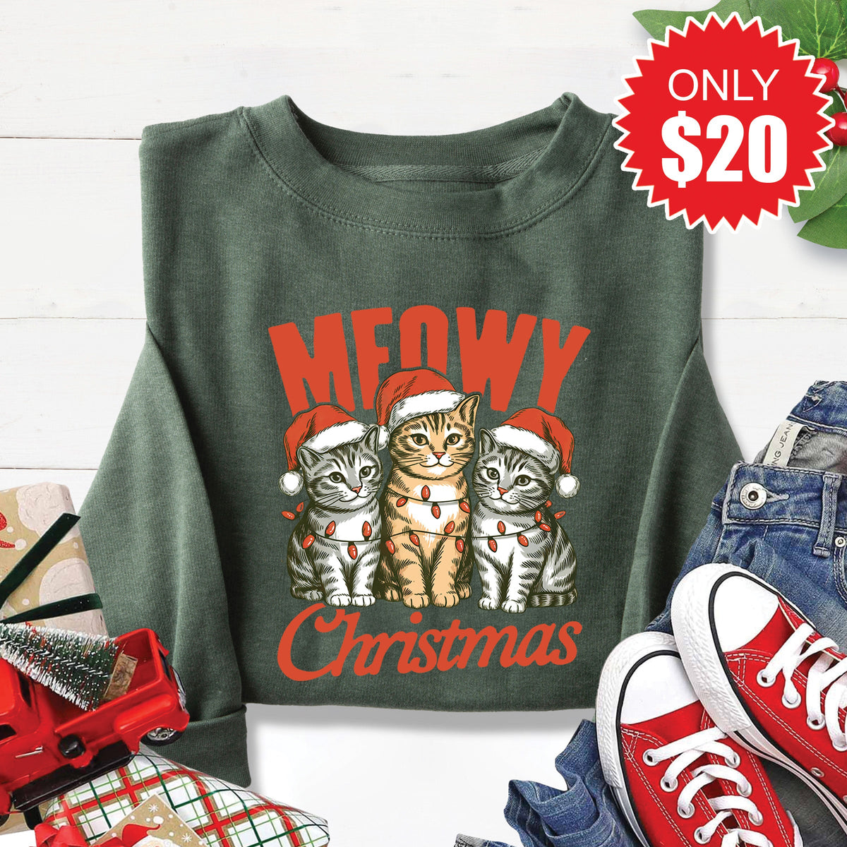 Meowy Christmas Sweatshirt - Heather Forest - 20 product image 1