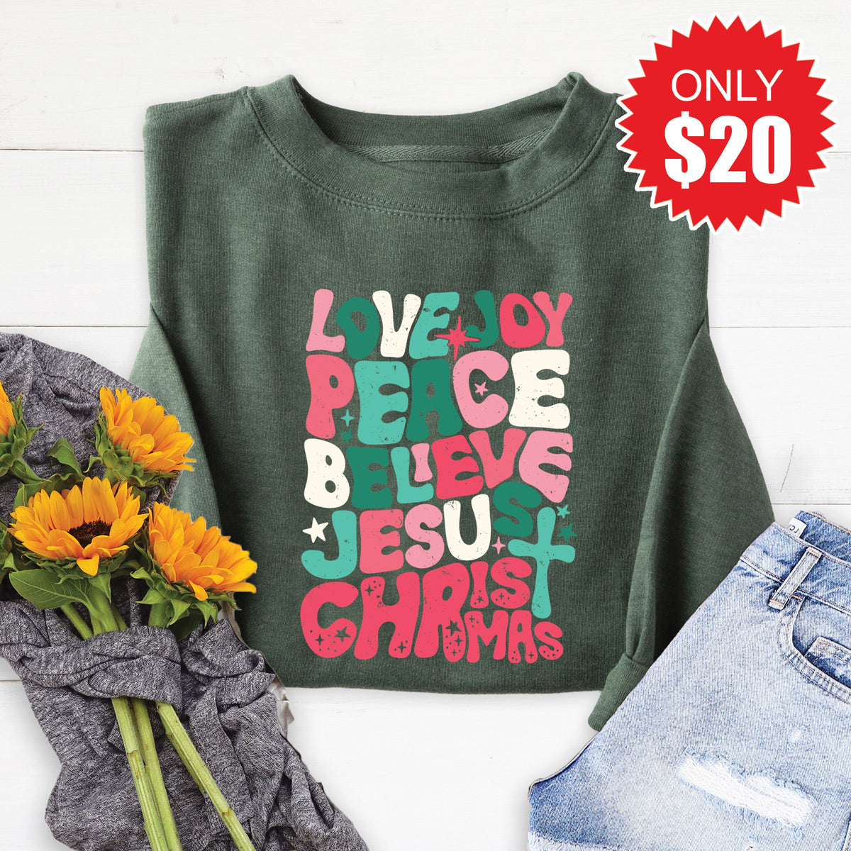 Joy Love Peace Stacked Sweatshirt - Heather Forest - 20 product image 1