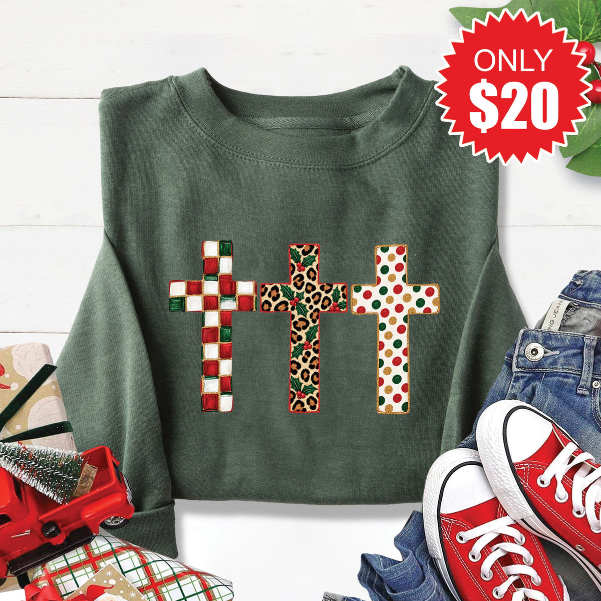 Christmas Crosses Sweatshirt - Heather Forest - 20 product image 1