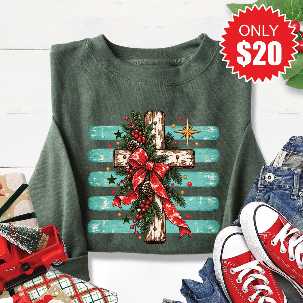 Christmas Cross Sweatshirt - Heather Forest - 20 product image 1