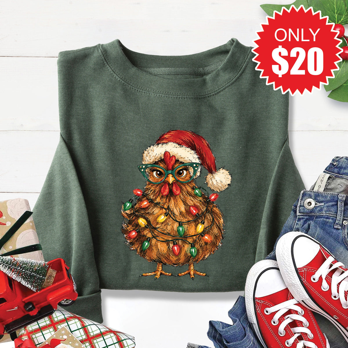 Christmas Chicken Sweatshirt - Heather Forest - 20 product image 1
