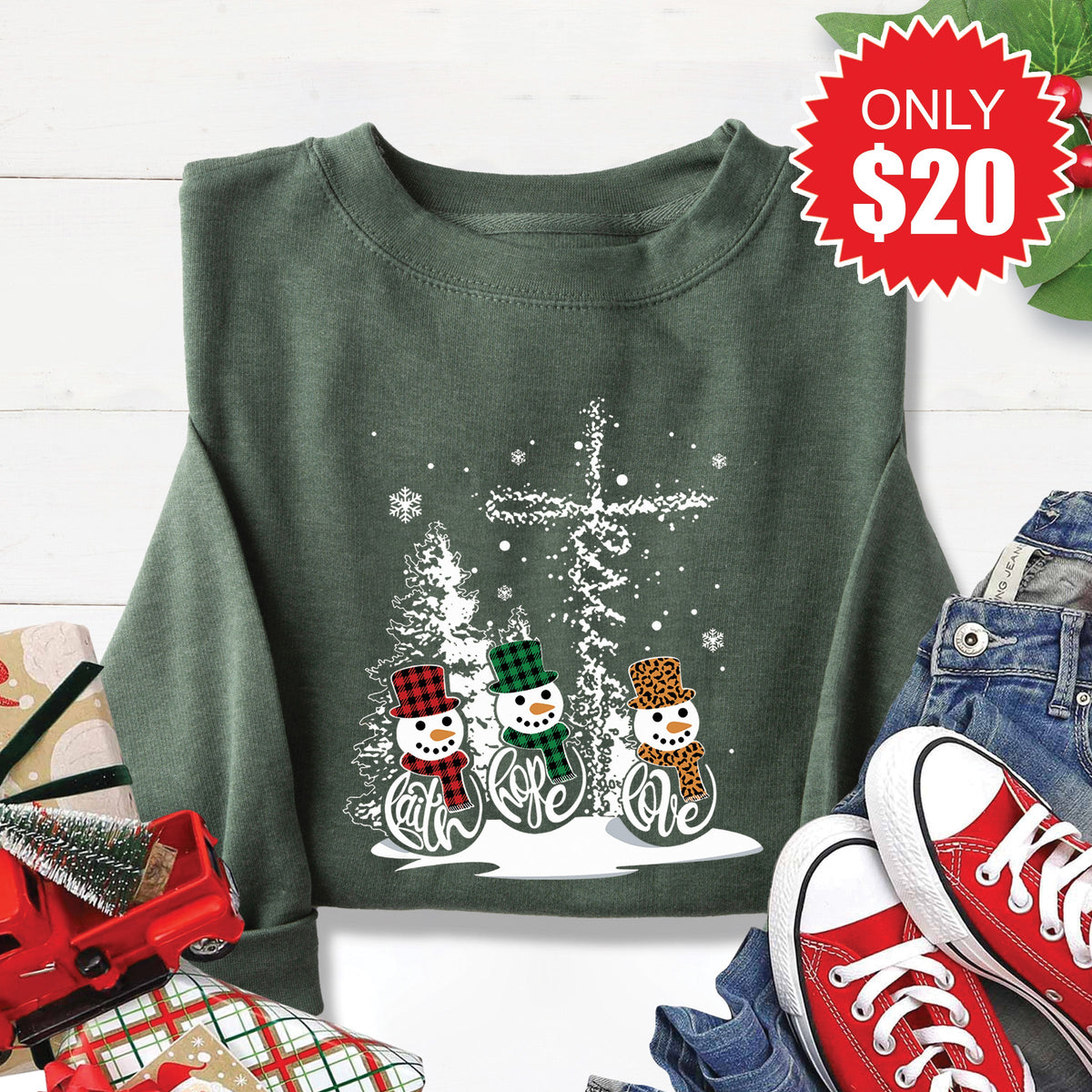 Faith Hope Love Snowmen Sweatshirt - Heather Forest - 20 product image 1
