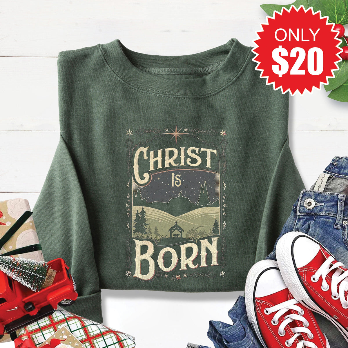 Christ Is Born Sweatshirt - Heather Forest - 20 product image 1