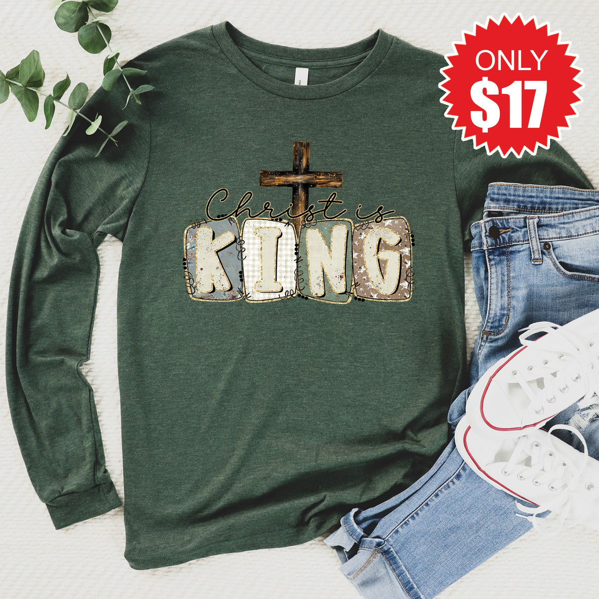 Christ Is King Long Sleeve - Heather Forest - 17 product image 1