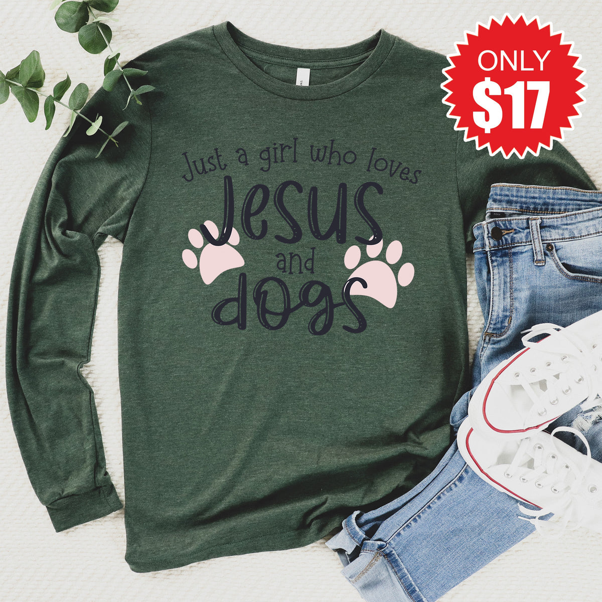 Jesus and Dogs Long Sleeve - Heather Forest - 17 product image 1