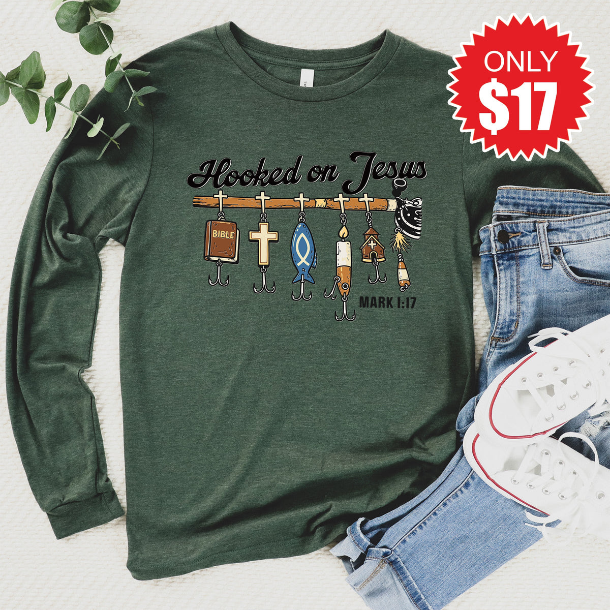 Hooked On Jesus Long Sleeve - Heather Forest - 17 product image 1