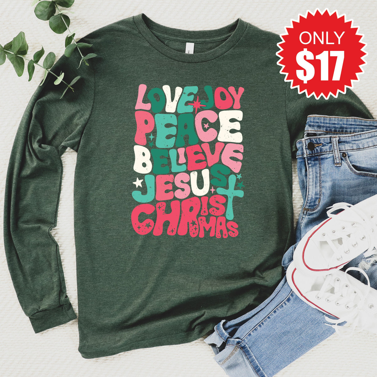 Joy Love Peace Stacked Long Sleeve - Heather Forest - 17 product image 1