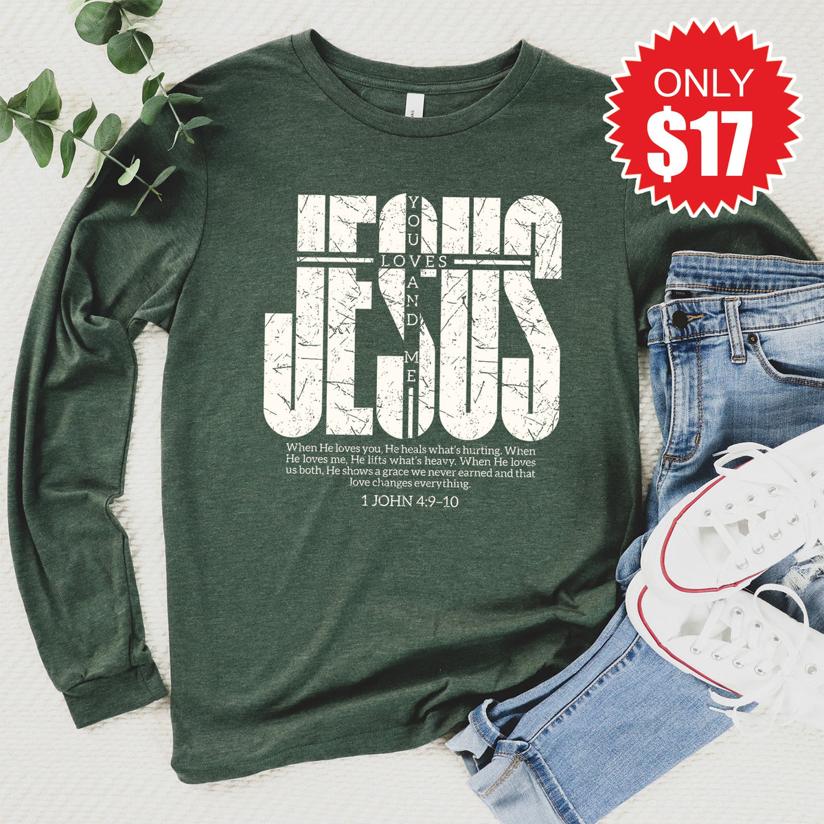 Jesus Loves You and Me Long Sleeve - Heather Forest - 17 product image 1