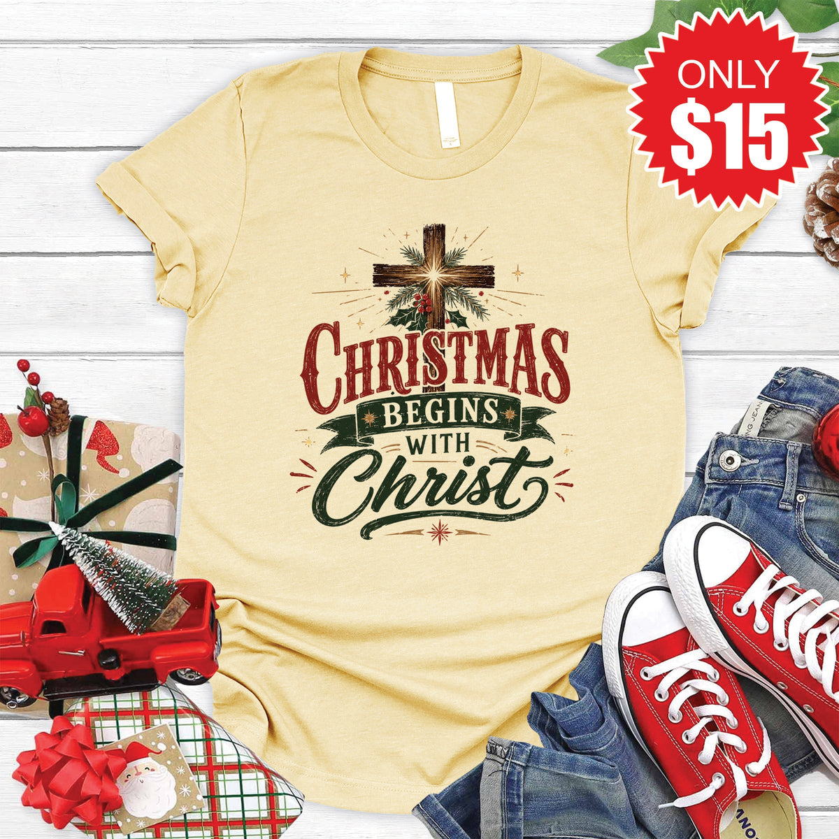 Christmas Begins With Christ Tee - Heather French Vanilla product image 1
