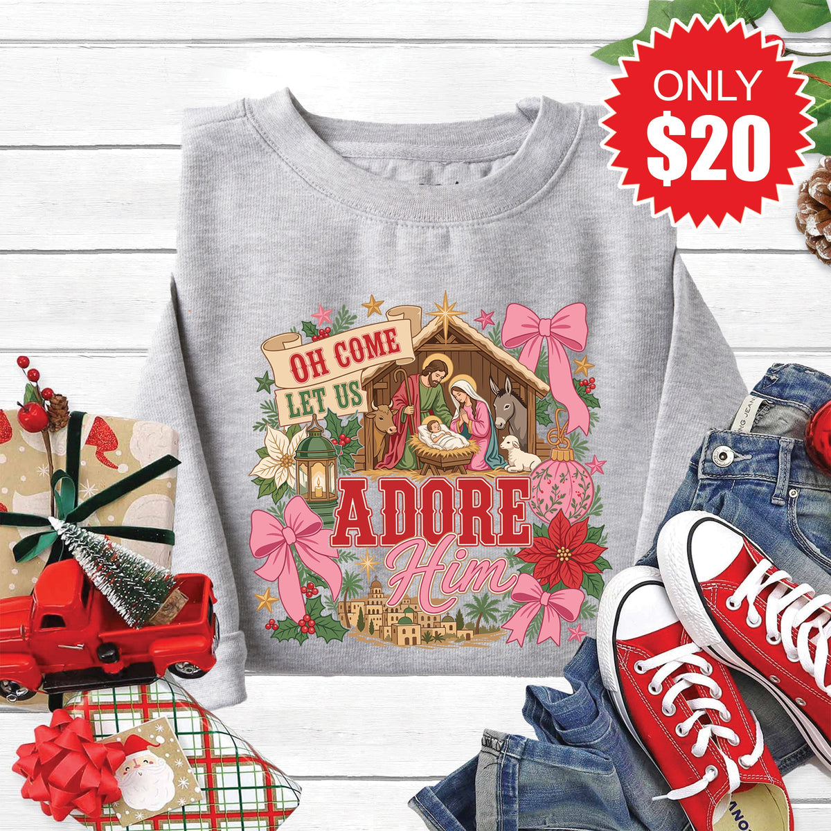 Oh Come Let Us Adore Him Sweatshirt - Heather Grey - 20 product image 1