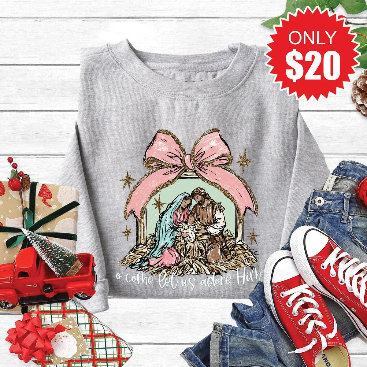 O Come Let Us Adore Him Sweatshirt - Heather Grey - 20 product image 1